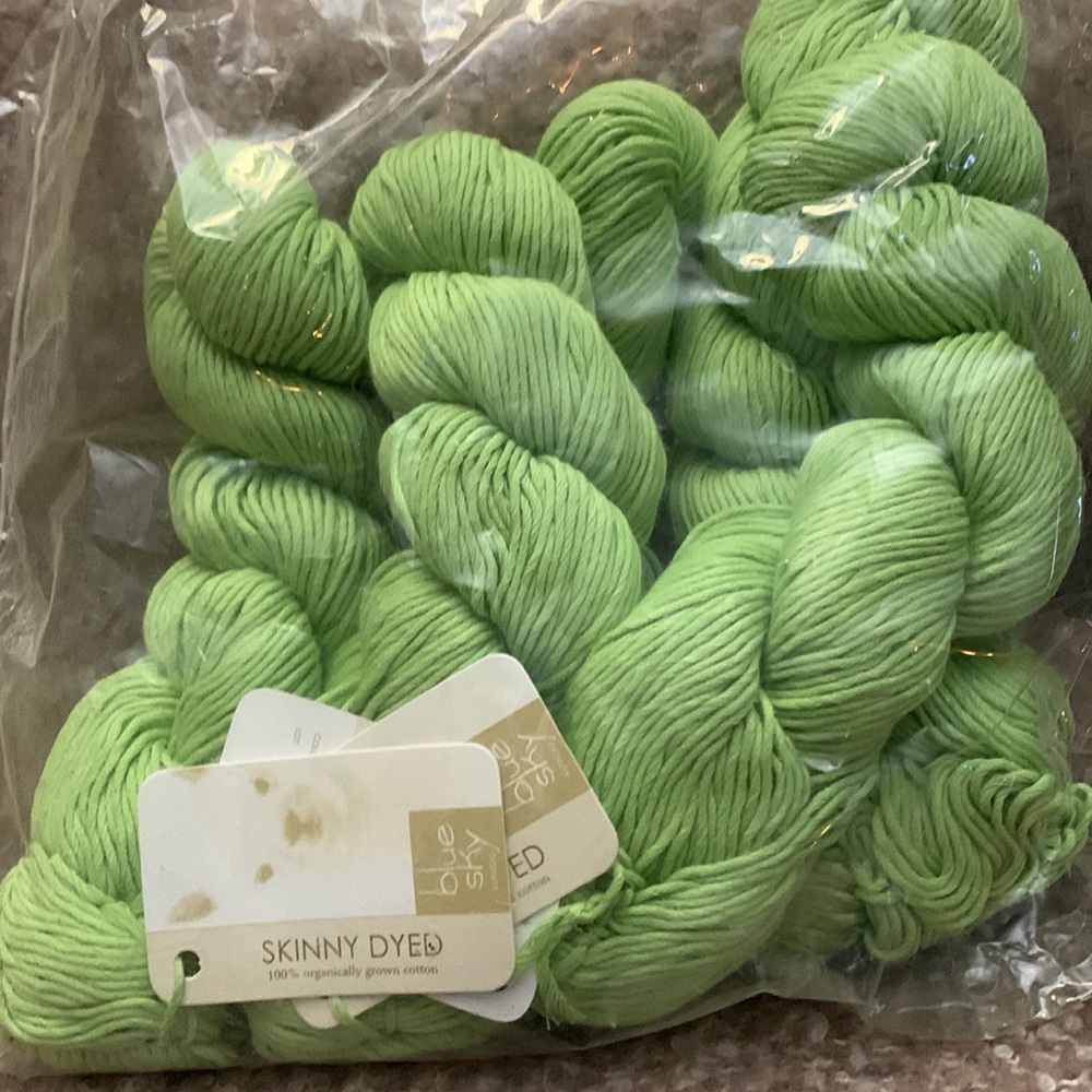 5 skeins Blue Sky organic cotton yarn; 63g, 150 yd each-750yd in total